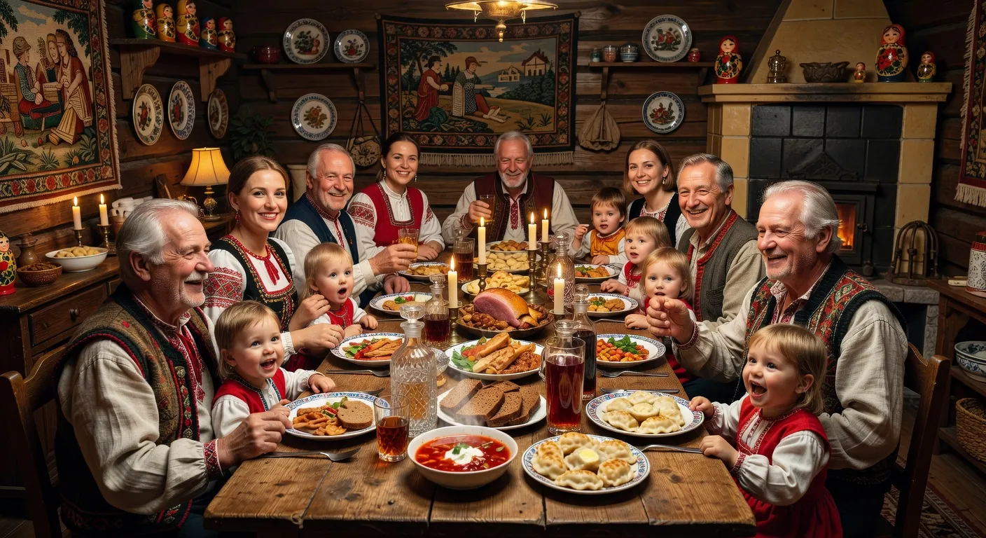 Famille slave reunis pour un diner traditionnel chaleureux