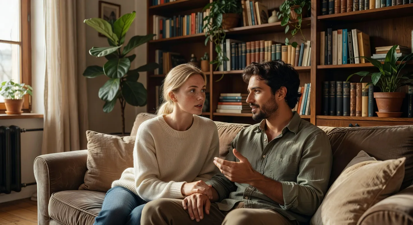 Couple mixte en conversation profonde sur un canape - communication couple mixte | Ecoutez-Voir