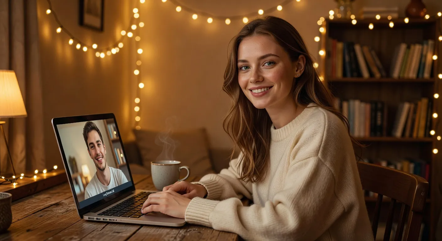 Couple en appel video souriant, relation longue distance