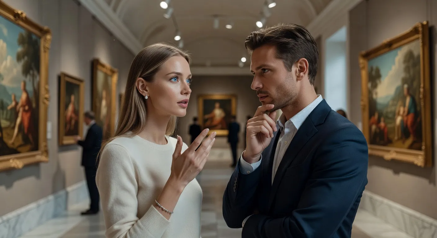 Couple communiquant par le regard dans une galerie d'art - non-verbal interculturel | Ecoutez-Voir