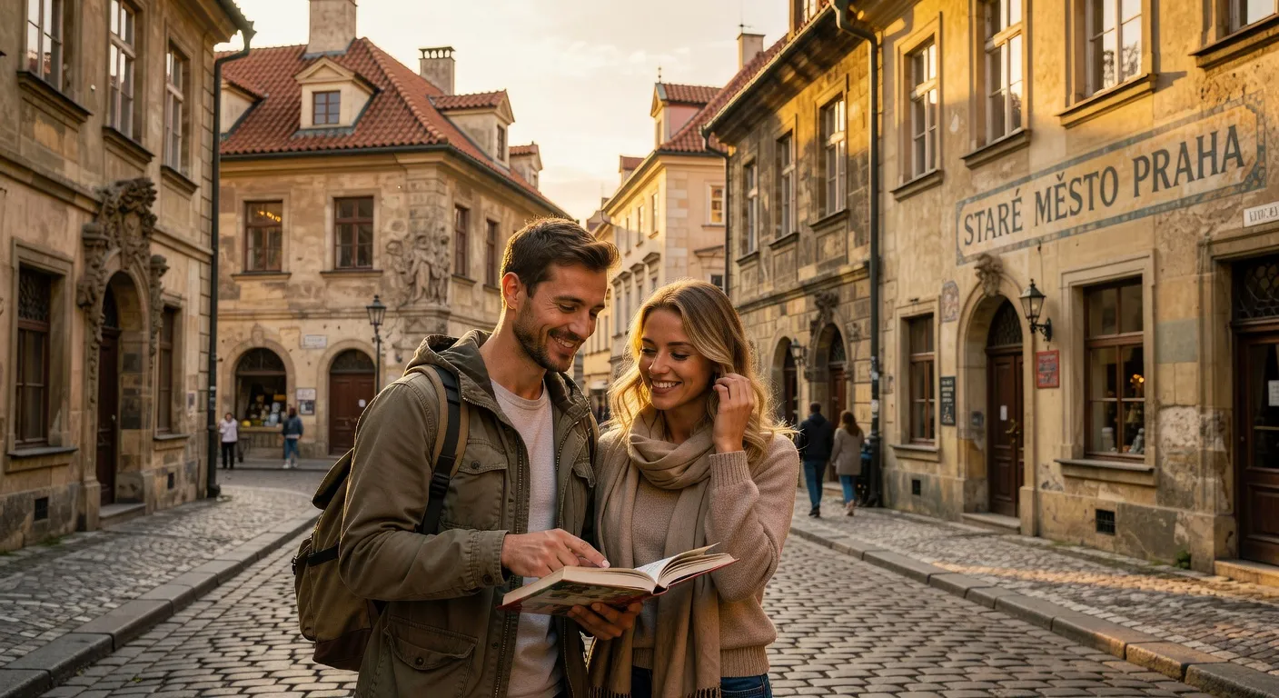 Couple explorant une vieille ville d'Europe de l'Est avec un guide | Ecoutez-Voir