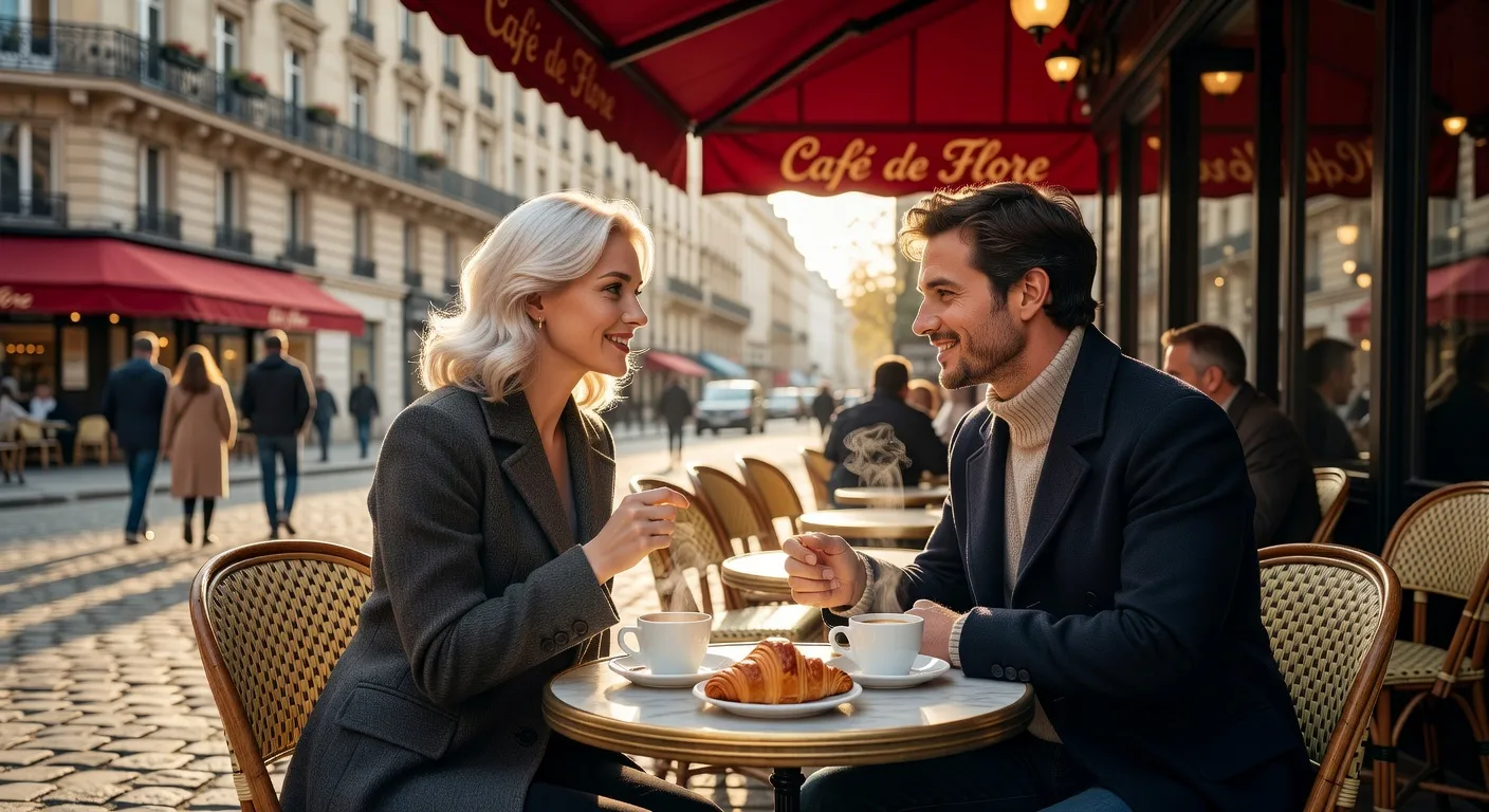 Couple franco-russe en conversation dans un cafe parisien
