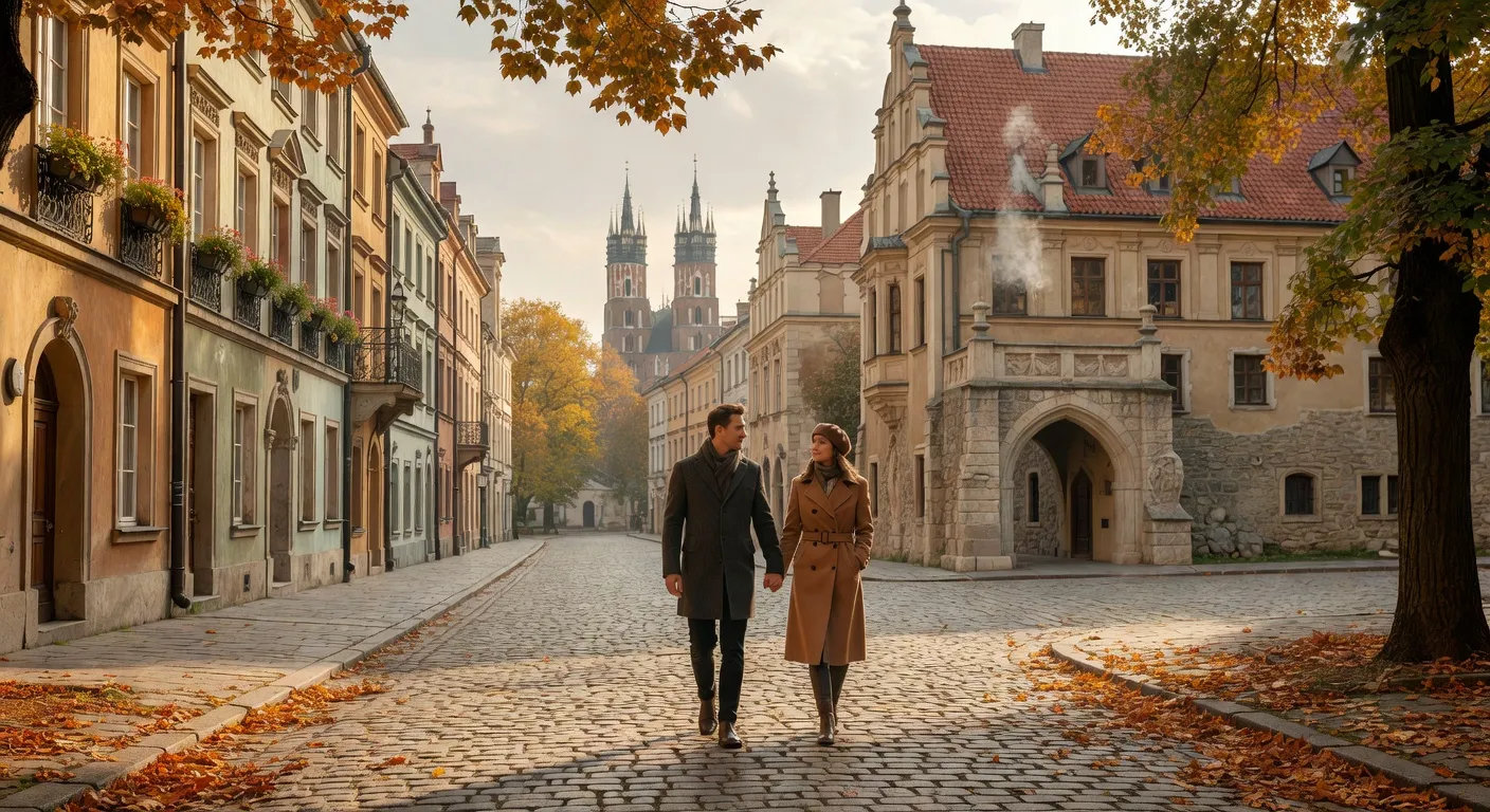 Couple se promenant dans le centre historique de Cracovie