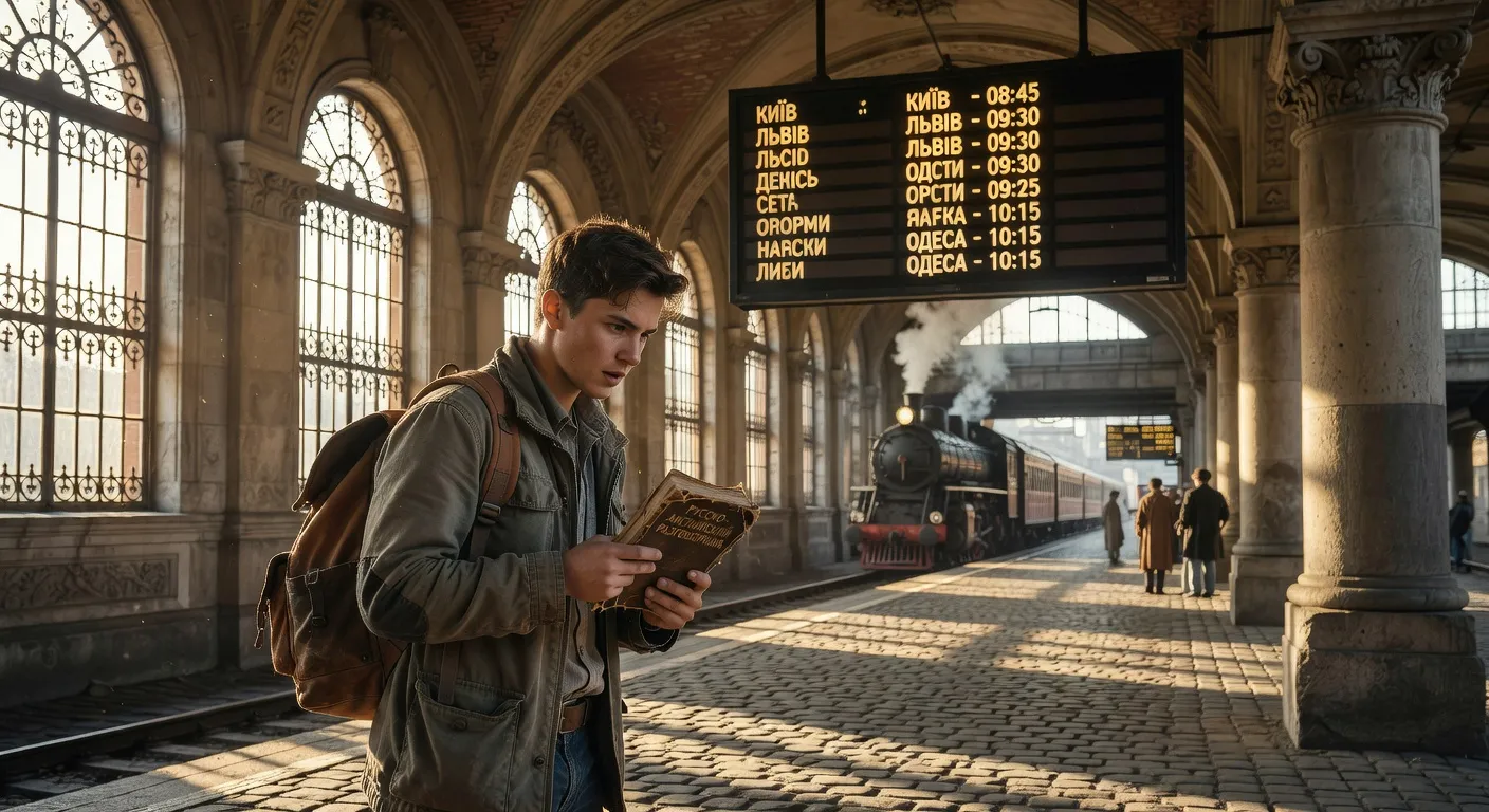 Voyageur consultant un guide de phrases dans une gare d'Europe de l'Est