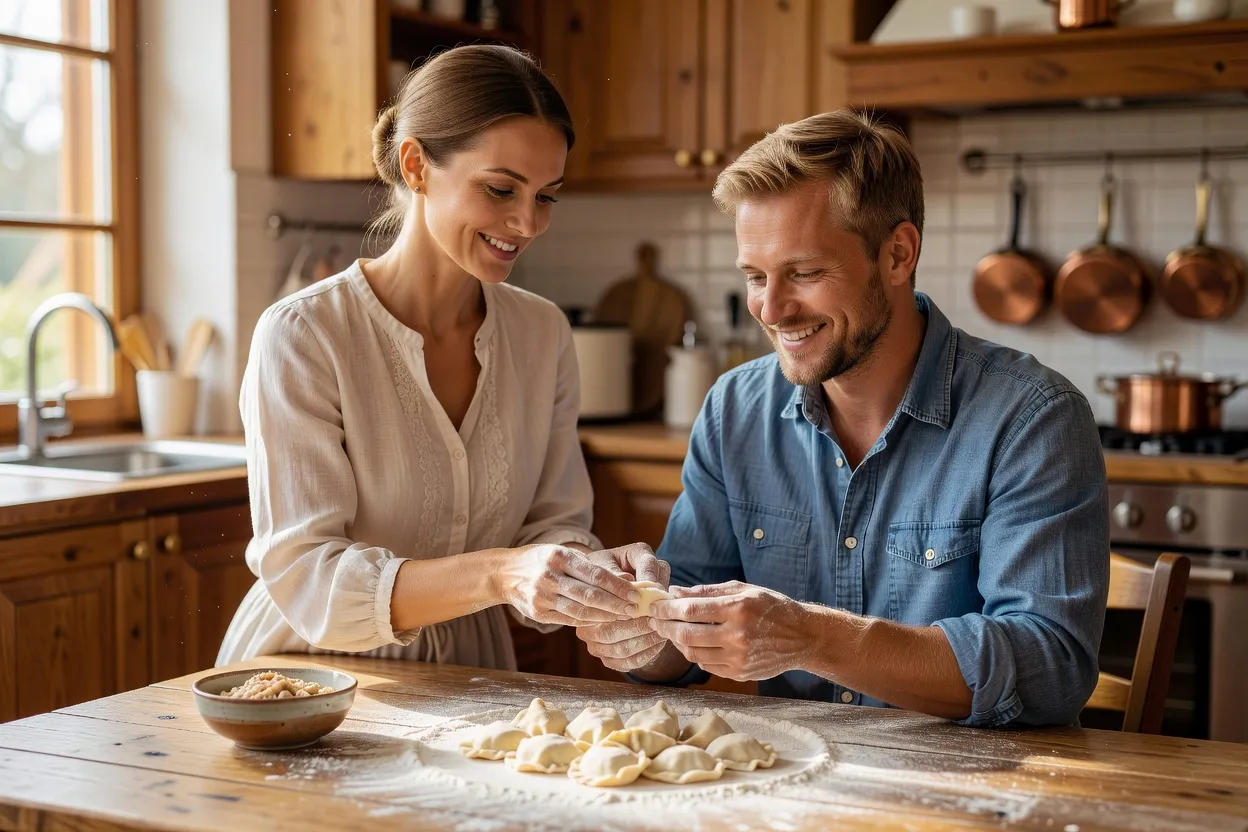 Couple franco-slave cuisinant ensemble des vareniki dans une cuisine lumineuse, farine sur la table