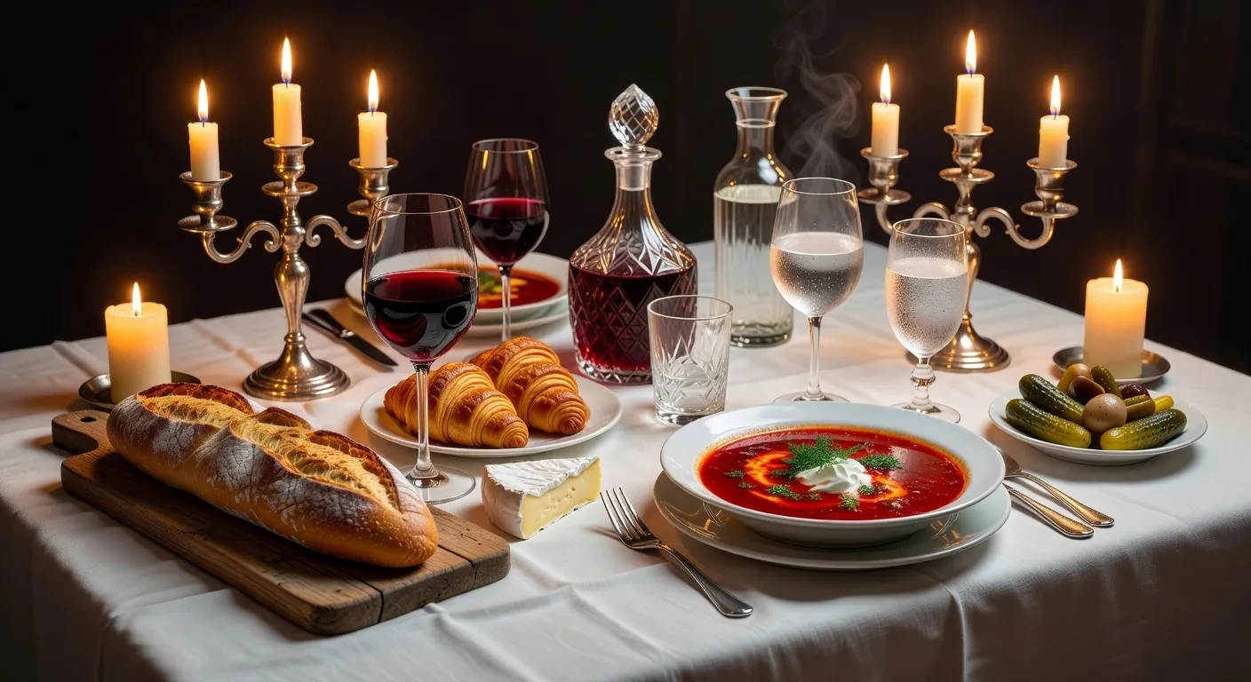 Table dressee avec plats traditionnels russes et francais