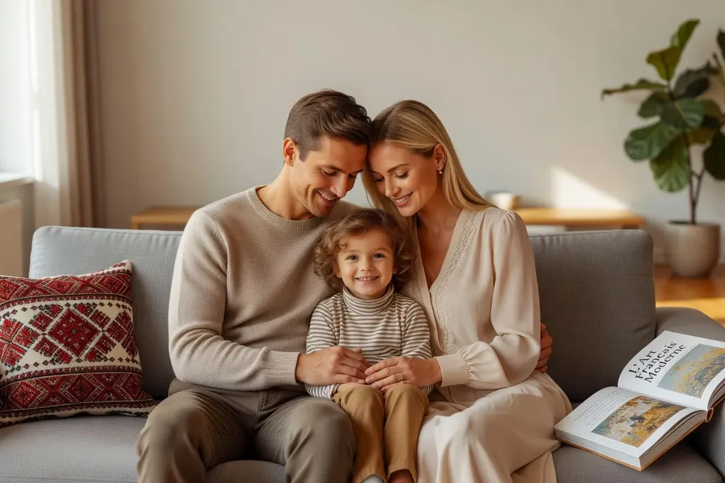 Famille biculturelle franco-slave avec enfants dans un intérieur chaleureux