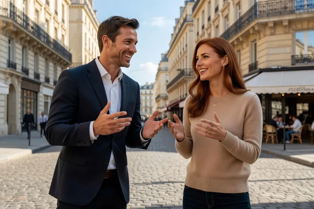 Couple interculturel en conversation animée avec gestes expressifs