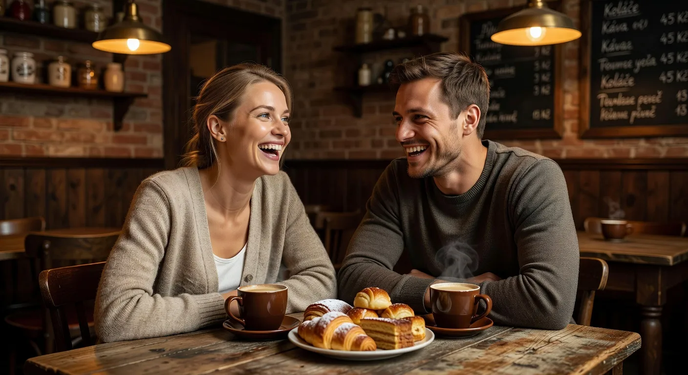 Couple riant ensemble dans un cafe, moment de complicite culturelle