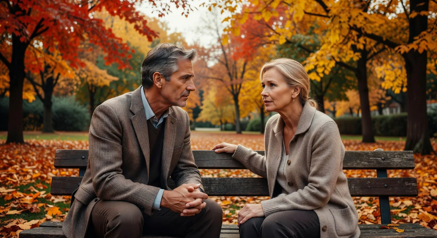 Couple en discussion serieuse mais bienveillante sur un banc de parc