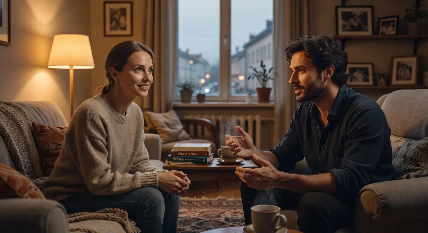 Couple mixte discutant avec bienveillance dans un salon chaleureux