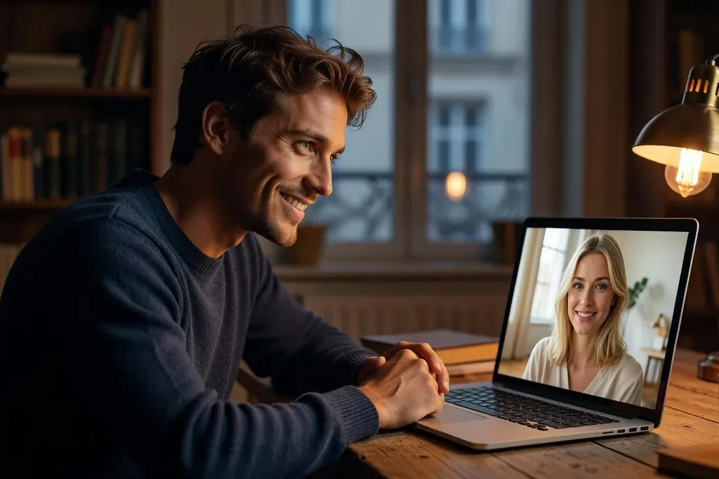 Couple interculturel en appel vidéo, connexion émotionnelle malgré la distance