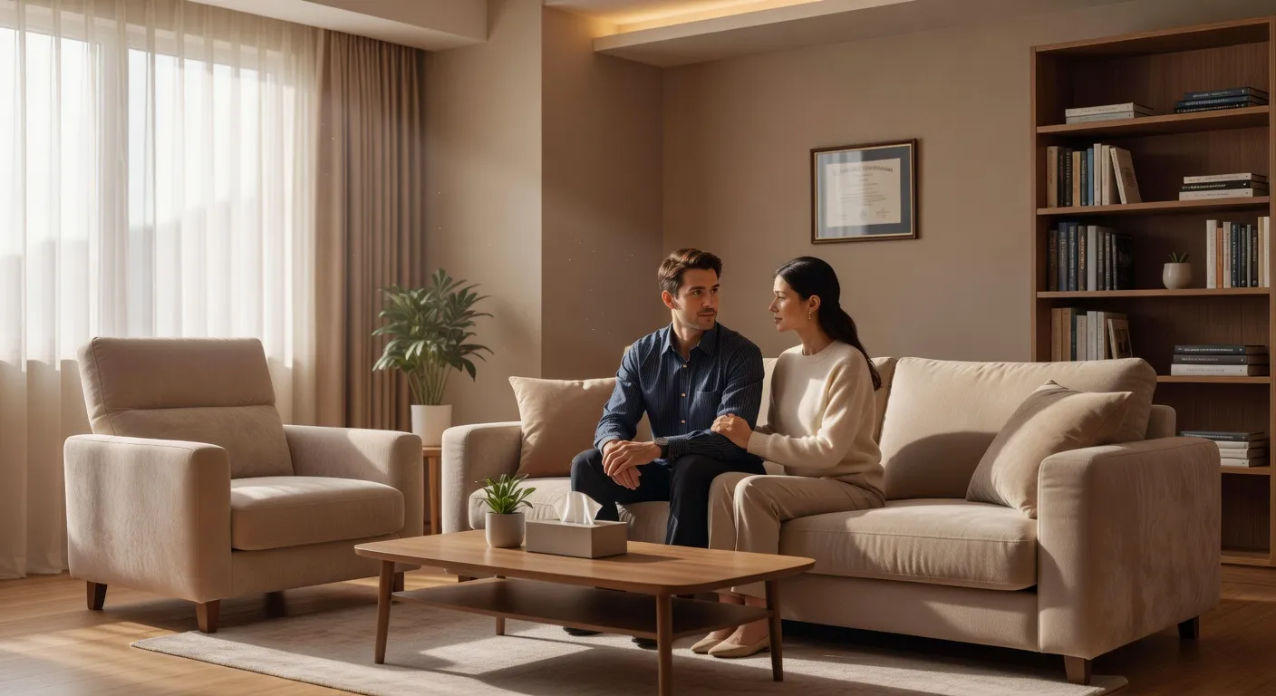 Couple en seance de therapie avec un professionnel bienveillant