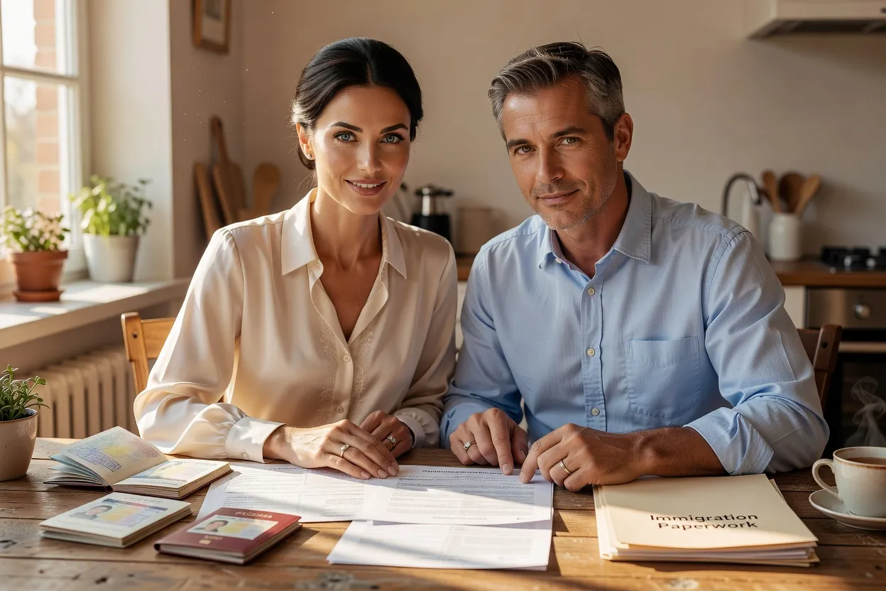 Couple franco-slave examinant ensemble des documents administratifs de visa et mariage dans une cuisine lumineuse